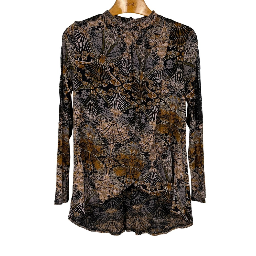 Free People S Printed High Low Tunic Top Lace Inset Mock Neck Boho Long Sleeve